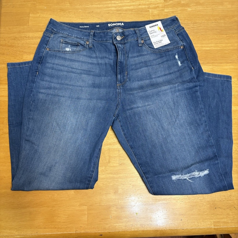 Sonoma Jeans Womens Size 16R Curvy Skinny High Rise Everyday Distressed Blue